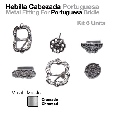 Fivelas para cabeçada portuguesa em metal cromado, 6 unidades com desenhos decorativos, fundo branco com texto