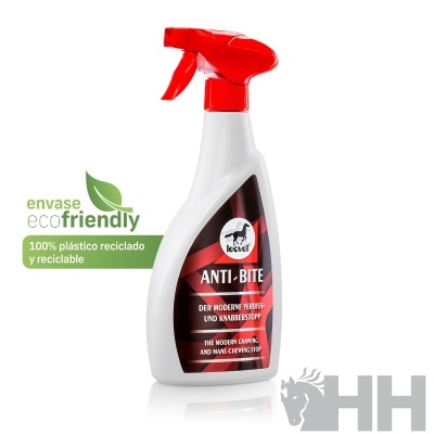 Frasco spray anti-bite branco com tampa vermelha e rótulo com cavalo