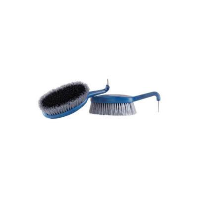 Duas escovas azuis com cerdas cinzentas e pretas com pontas metálicas afiladas
