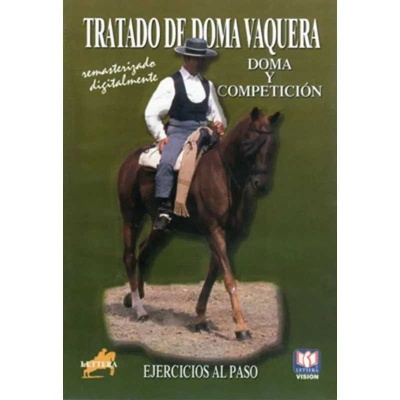 Capa com homem montado a cavalo castanho e texto em espanhol sobre doma vaquera