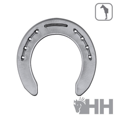 Ferradura metálica prateada com furos e logo HH