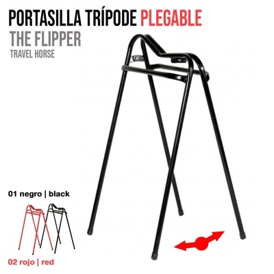 Suporte de malas tripé dobrável preto em fundo branco com texto sobre o produto