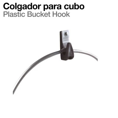 Colgador para cubo em plástico preto fixado na parede com parafuso