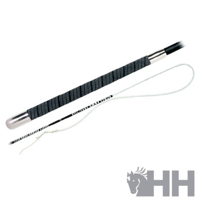 Chicote para equitação preto e branco com detalhes metálicos