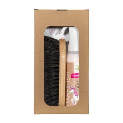 Conjunto de limpeza com escova de madeira e frasco de spray com desenho de unicórnio em embalagem de cartão