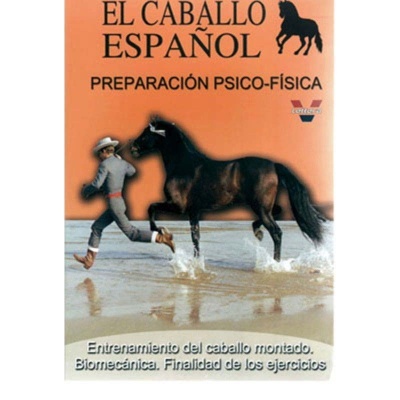 Livro 'El Caballo Español Preparación Psico-Física' com cavalo e homem na praia