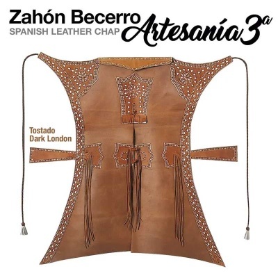 Zahón Becerro, chapêu de couro marrom com franjas e rebites