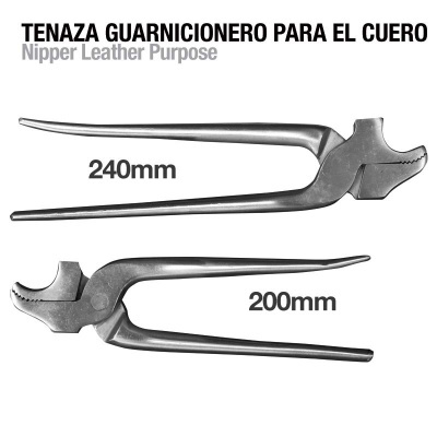 Dois alicates de metal para couro, com medidas 240mm e 200mm, texto em espanhol e inglês