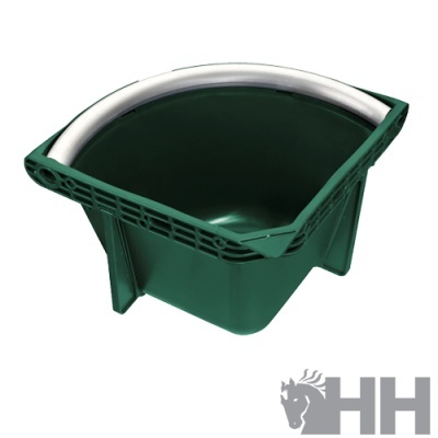 Recipiente verde escuro com borda metálica prateada arredondada para canto