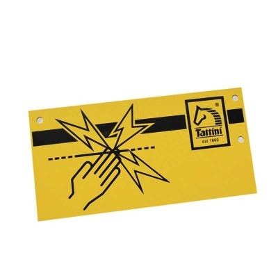 Placa amarela com símbolo de advertência e texto Tattini