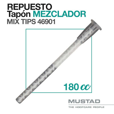 Tapón misturador transparente com padrão espiral branco, texto de descrição e marca Mustad.