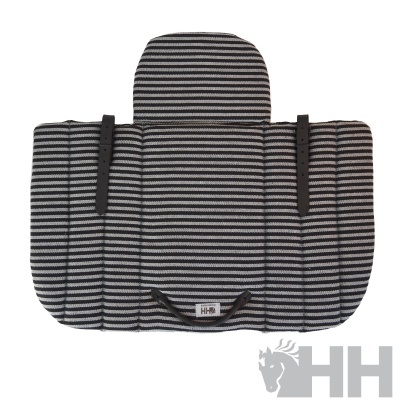 Almofada para sela listrada preta e branca com tiras de couro pretas