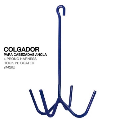 Colgador azul de metal com quatro ganchos e texto em fundo branco