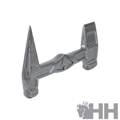 Ferramenta metálica cinzenta com duas pontas afiadas e logótipo HH