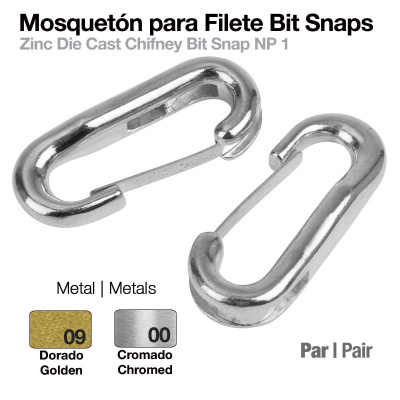 Mosquetões metálicos cromados para filete Bit Snaps, apresentados em par com texto indicativo de cor e quantidade.