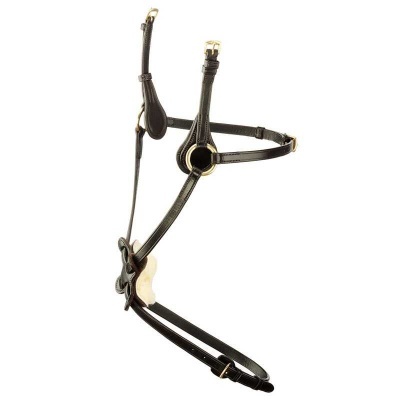 Cabeçada de cavalo em pele preta com detalhes dourados