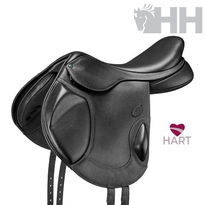 Sela de cavalo preta em couro com logotipos HH e HART