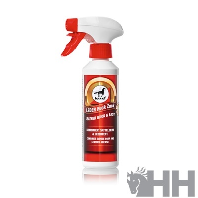 Frasco de spray para couro Leovet com rótulo vermelho e branco