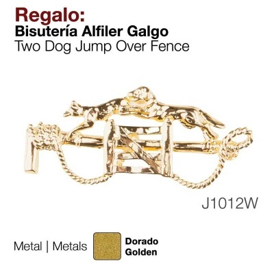 Alfinete dourado de bijuteria com design de dois cães a saltar uma cerca