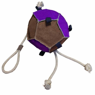 Brinquedo para cães bola castanha e roxa com cordas brancas e alças pretas