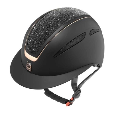 Capacete de equitação preto com painel superior brilhante e correia de segurança