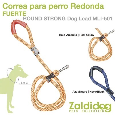 Coleira redonda trançada para cães em vermelho-amarelo e azul-preto com mosquetão metálico