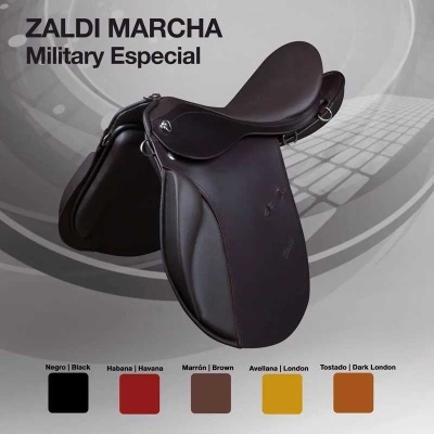 Sela de equitação preto em couro com marca ZALDI MARCHA Military Especial e paleta de cores.
