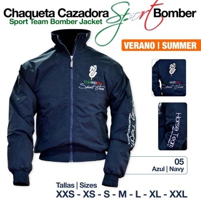 Casaco bomber azul navy com texto e logotipos Sport Team, disponível em vários tamanhos