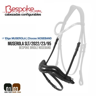 Muserola preta para cavalo com fivelas metálicas e textura em relevo sobre fundo branco com texto informativo