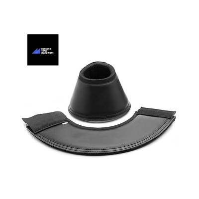Equipamento para cavalo em couro preto com protector cónico e faixa curva com velcro.