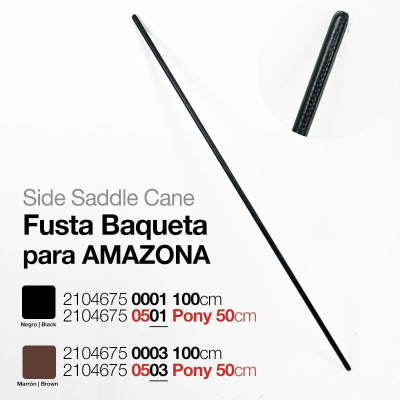 Fusta baqueta preta com costura, texto ao lado com especificações e cores