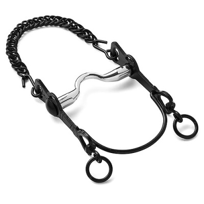 Freio metálico para cavalo com correntes negras e parte central prateada
