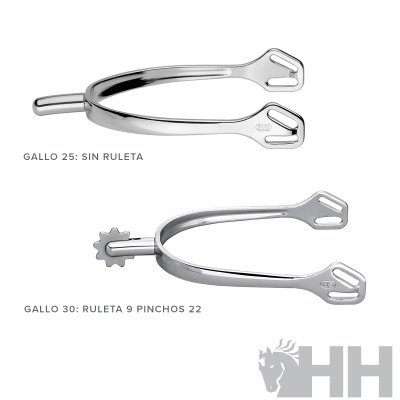 Dois esporas metálicos prateados com diferentes pontas e texto explicativo