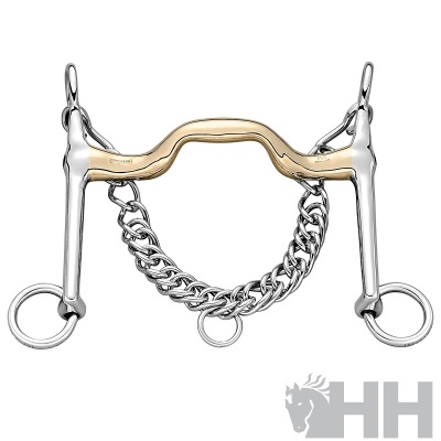 Freio de cavalo metálico dourado e prateado com corrente