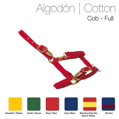 Arnês de algodão vermelho para cavalo com fivelas douradas e legendas de cores