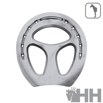 Ferradura metálica prateada com três aberturas e furos