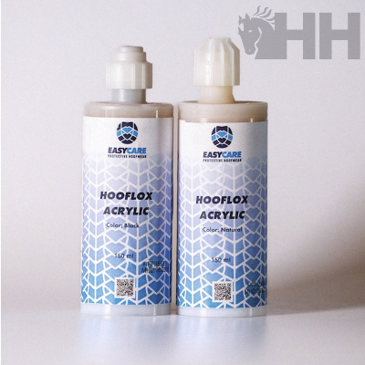 Dois frascos plásticos EASYCARE HOOFLOX ACRYLIC com rótulos azuis e brancos