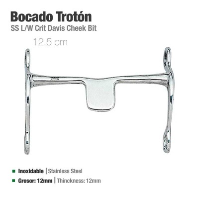 Bocado metálico para cavalo inoxidável de 12,5 cm com texto descritivo em fundo branco