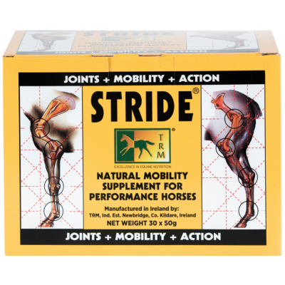 Caixa amarela de suplemento STRIDE para mobilidade de cavalos com texto e imagens anatómicas
