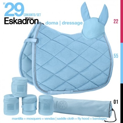 Conjunto azul claro de manta acolchoada, capuz para orelhas, vendas e saco de transporte