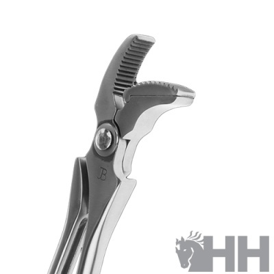 Alicate de metal prateado com dentes serrilhados e logo B gravado