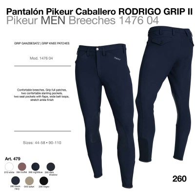 Calças de montar masculinas azul-escuro com patches de aderência nos joelhos e bolsos