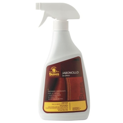 Frasco branco de spray com rótulo castanho e amarelo para limpeza SUHIS
