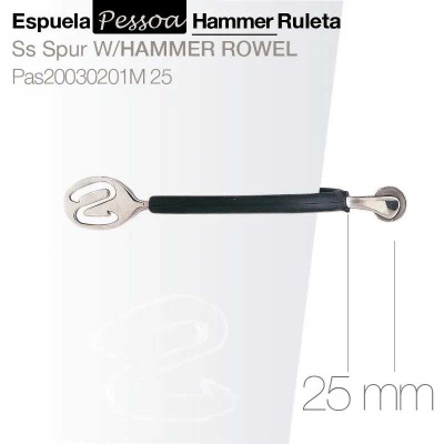 Espora Pessoa Hammer Ruleta 25 mm em metal prateado e haste preta com texto explicativo