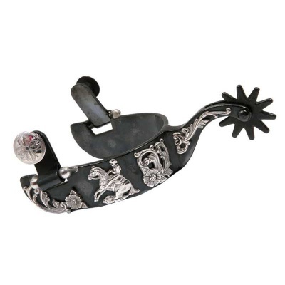 Espora de metal preta com detalhes prateados e figura de cavaleiro