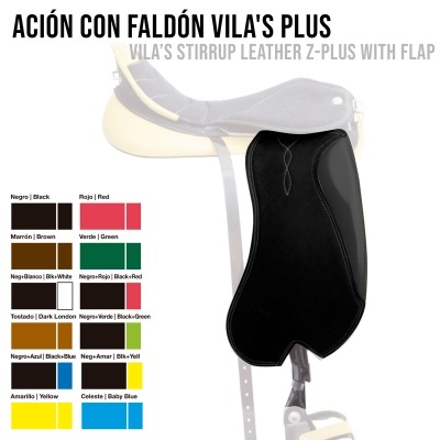 Falcão de estribo de couro preto com aba da VILA'S PLUS e tabela de cores disponíveis.
