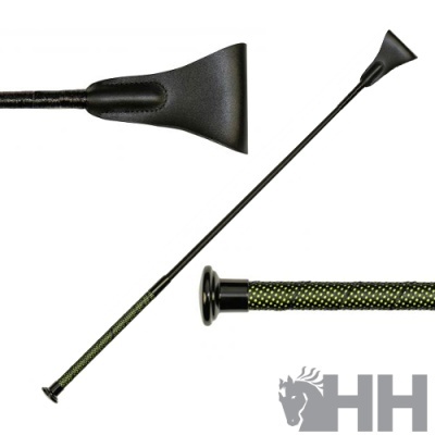 Fusta para equitação com cabo preto verde e haste fina com ponta preta