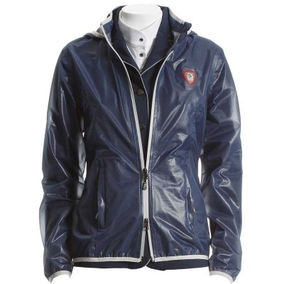 Casaco impermeável azul-marinho com capuz e fecho branco