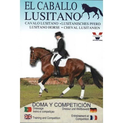 Capa de livro ou revista sobre cavalo Lusitano com cavaleiro vestido de traje de equitação