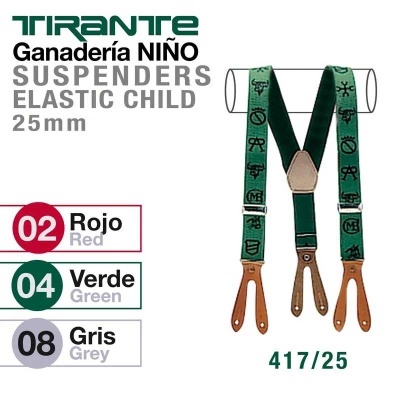 Suspensórios elásticos para criança em vermelho, verde e cinza com padrão e acabamentos em pele castanha